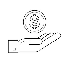 Sticker - Money insurance vector line icon isolated on white background. Human hand with dollar coin line icon for infographic, website or app. Money insurance concept.