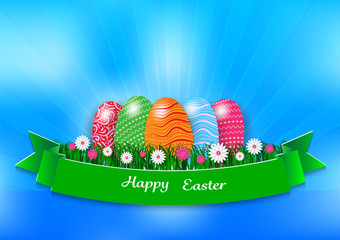 Easter holiday background with eggs and green grass on blue background, vector illustration