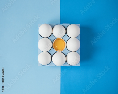 Plakat Biali surowi kurczaków jajka na kolorowym błękitnym tle