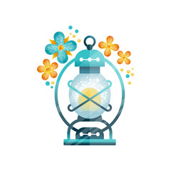 Sticker - Traditional arabic lantern in blue colors, Muslim Ramadan oil light lamp decorated with flowers vector Illustration