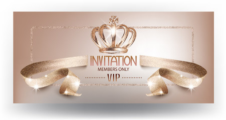 VIP beige beautiful invitation card with curly textured ribbon and crown. Vector illustration