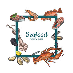 Sticker - Vector hand drawn seafood elements flying