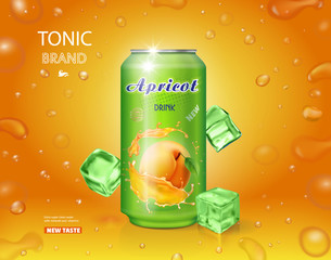 Apricot fruit drink in a can advertising poster design with bubbles