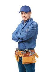 Wall Mural - Plumber with tool belt on white background