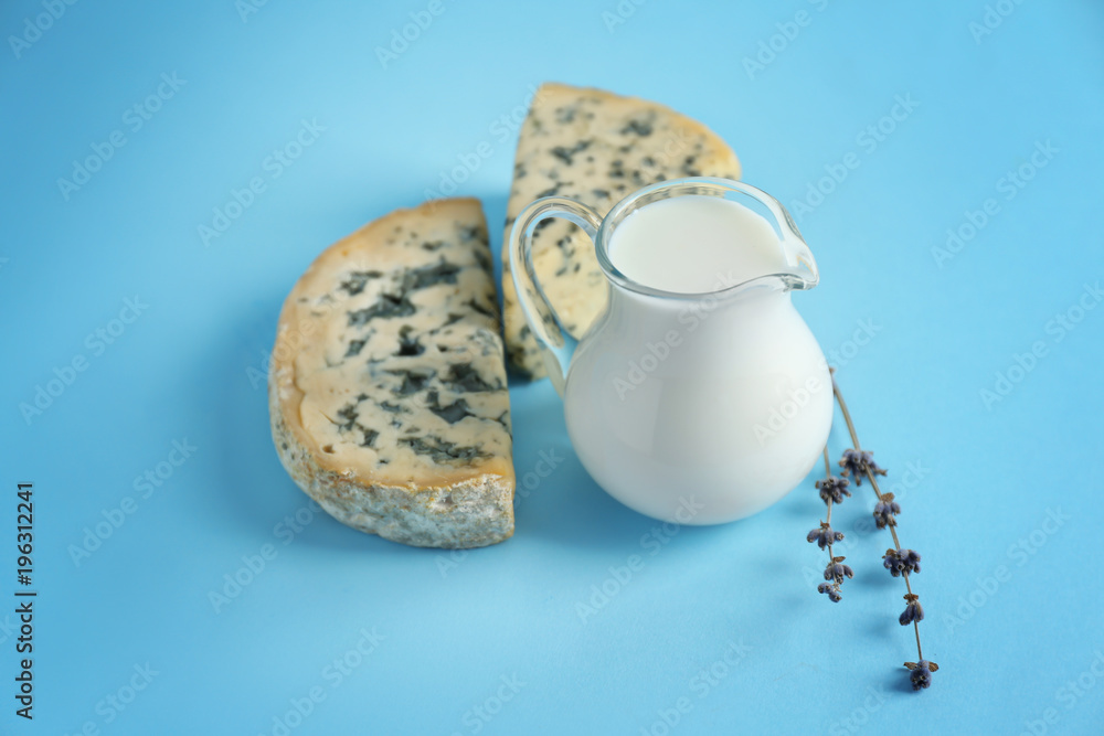 Fresh dairy products on color background