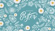 Happy Easter banner with hand drawn flowers, egg on wood background.