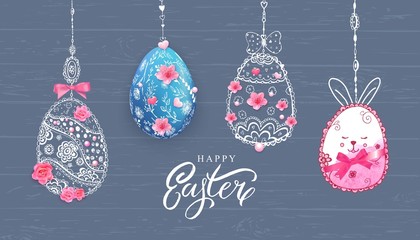 Wall Mural - Happy Easter banner with hand drawn flowers, egg on wood background.