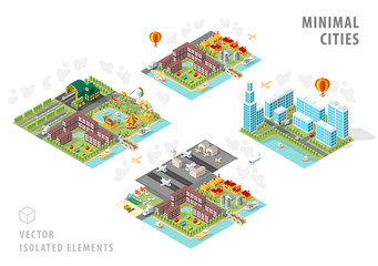 Set of Isolated Isometric Minimal City Maps . Elements with Shadows on White Background