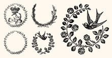 Vintage Wreath And Bird Vector Line Art - Early 1800s Decorative Illustrations
