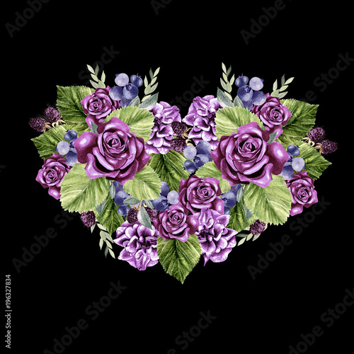 A beautiful watercolor heart with roses and peony flowers, leaves and berries.