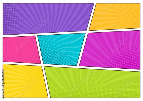 Blank bright colored background templates, decorative backdrops with dotted texture or boxes with dots and rays for comic strip or cartoon story Fotobehang