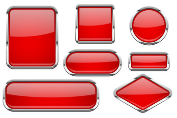Wall Mural - red glass buttons with chrome frame. colored set of shiny 3d web icons