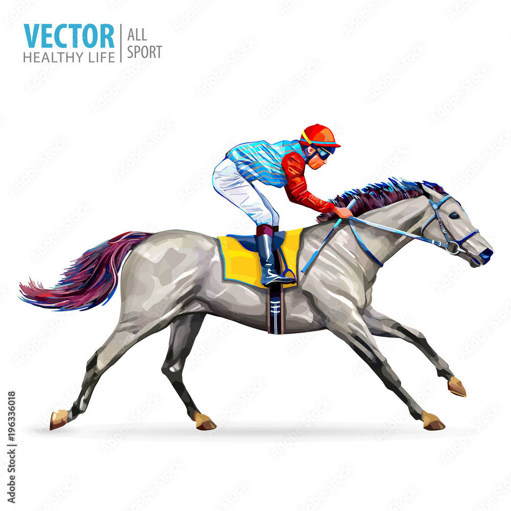 Jockey on horse. Champion. Horse racing. Hippodrome. Racetrack. Jump racetrack. Horse riding. Racing horse coming first to finish line. Isolated on white background. Vector illustration. - obrazy, fototapety, plakaty 