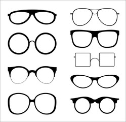 Vector illustration set of silhouettes sunglasses isolated on white color background. Glasses model icons in trendy and vintage, hipster shapes, different 80th and 90th style.