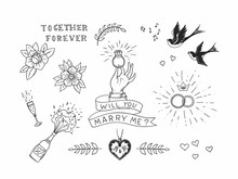 Set Of Hand Drawn Traditional Tattoo Elements. Vintage Vector Design For Stickers Ar Prints.