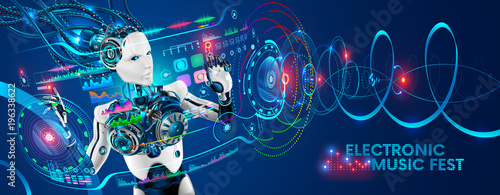 robot-disc-jockey-at-virtual-reality-turntable-cyborg-dj-plays-on-sound-mixer-station-at-nightclub-during-party-electronic-music-festival-background-robot-tweak-various-track-controls-on-dj-deck