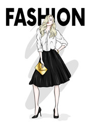 A tall, slender girl in a midi skirt, a blouse, high-heeled shoes and a clutch. Vector illustration. Clothing and accessories, fashion and style. Eps 10.