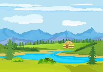Wall Mural - Kazakhstan countryside, farm, village, flowers, green hills and mountains, blue clouds, forest. Cartoon style, vector illustration