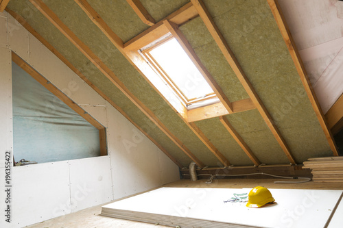 House Attic Under Construction Mansard Wall Insulation With