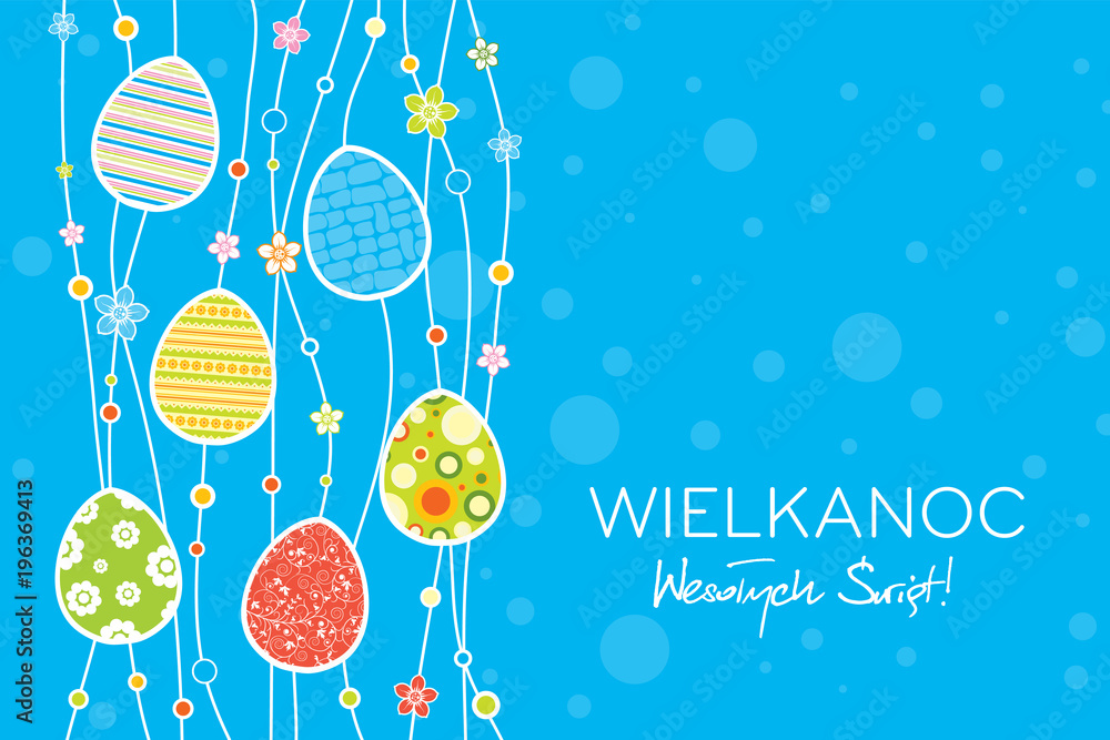 Wielkanoc Wesołych Świąt, koncepcja kartki z życzeniami w języku polskim, dekoracja z jaj i kropek w tle - obrazy, fototapety, plakaty 