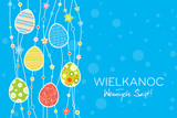 Fototapeta  - Wielkanoc Wesołych Świąt, koncepcja kartki z życzeniami w języku polskim, dekoracja z jaj i kropek w tle