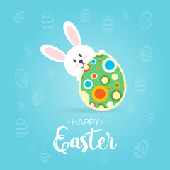 Wall Mural - greeting card concept happy easter, bunny holding a decorated easter egg, pattern in background