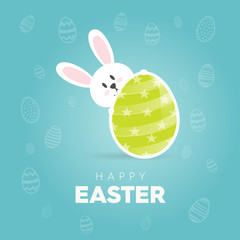 Wall Mural - greeting card concept happy easter, bunny holding a decorated easter egg, pattern in background