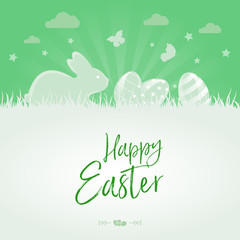 Wall Mural - greetings happy easter with easter eggs, bunny and butterflys on a green background
