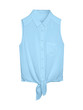 Pale light blue elegant summer sleeveless woman blouse shirt with a collar, buttons and tie isolated white