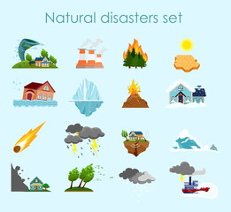 Vector illustration collection of color icons natural disasters on light blue background, set of elements storm, fire and hurricane.