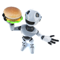 Wall Mural - 3d Funny cartoon mechanical robot character holding a cheese burger fast food snack