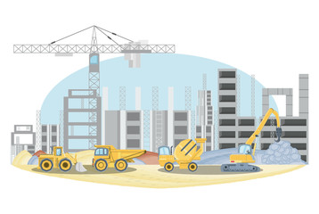 Sticker - Under construction zone with construction trucks over white background, colorful design vector illustration