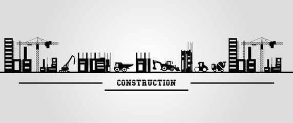 Sticker - Under construction zone design with construction trucks over gray  background, colorful design vector illustration