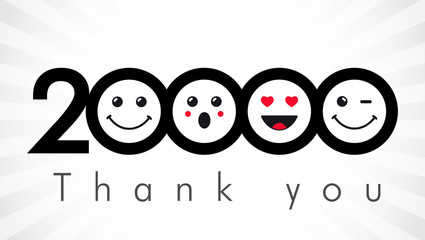 Poster - Thank you 20000 followers numbers. Congratulating black and white networking thanks, net friends image in two 2 colors, customers 20 000 likes, % percent off discount. Round isolated smiling people