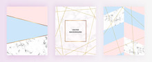 Set Cover Geometric Designs With Gold Glitter Line, Cream Blue, Pastel Pink Colors And Marble Texture Background. Template For Invitation, Card, Design, Banner, Wedding, Baby Shower