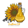 illustration with a sunflower oil and sunflower seeds, glass oil vessels.