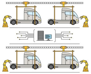 Wall Mural - Thin line style truck assembly line. Automatic transport production conveyor.