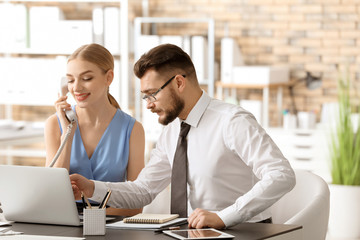 Wall Mural - Male receptionist with trainee at workplace