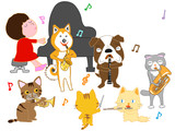 Fototapeta Pokój dzieciecy - 犬と猫のコンサート。子供とペットが歌ったり、楽器を演奏している。