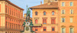 Architecture panorama of Bologna city in Emilia region of Italy. Neptune bronze statue and restored fountain, with historic orange-red buildings background in Nettuno square of the town center.