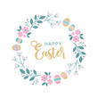 Easter wreath with Easter eggs, flowers, leaves and branches on white background. Decorative frame with gold elements. Unique design for your greeting cards, banners, flyers. Vector in modern style.
