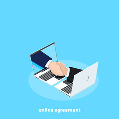 business handshake and laptops, online agreement, isometric image