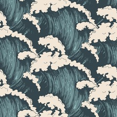  Ocean waves seamless pattern. Sea wave blue background, wind storm surf water hand drawn vector illustration