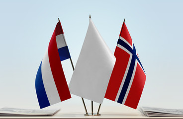 Flags of Netherlands and Norway with a white flag in the middle