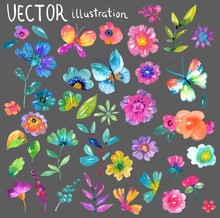 Colorful Floral Collection With Flowers, Leaves And Berries