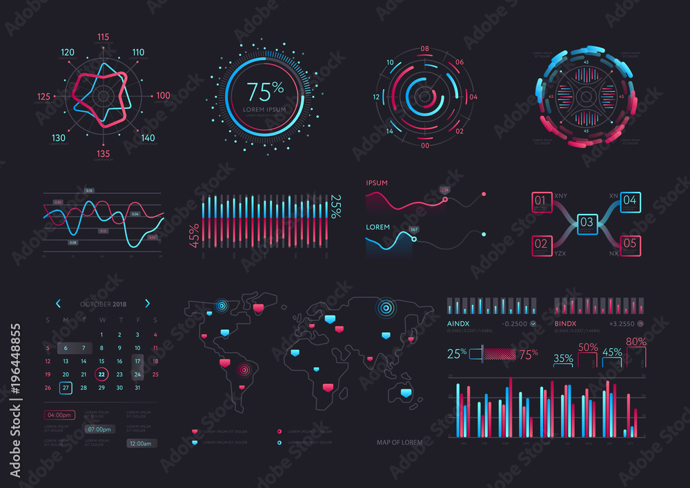 Interface screen with data infographic digital illustration. Dashboard technology hud vector interface and network management data screen with charts and diagrams. - obrazy, fototapety, plakaty 