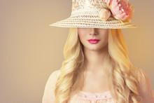 Fashion Model In Broad Brim Hat With Peony Flowers, Beautiful Woman Retro Makeup Red Lips And Long Hair