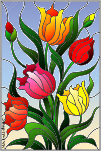 Dekoracja na wymiar  ilustracja-w-stylu-witrazu-z-bukietem-kolorowych-tulipanow-na-tle-nieba