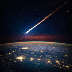 Wall Mural - falling meteorite, asteroid, comet on earth. elements of this image furnished by nasa.