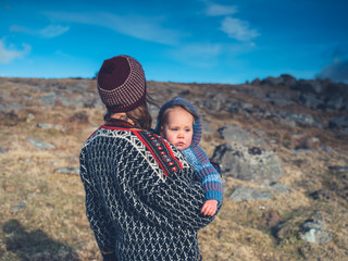 Wall Mural - Mother carrying babby on the moor